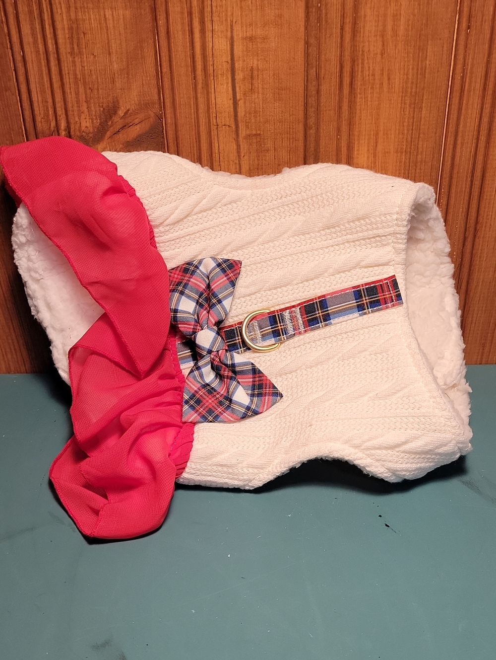 Dog Clother White Cable-Knit Harness Vest with Pink Ruffle and Plaid Bow